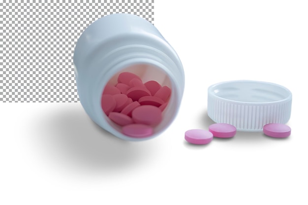 A jar with scattered pink pills lies on its side on a transparent background The concept of treatme