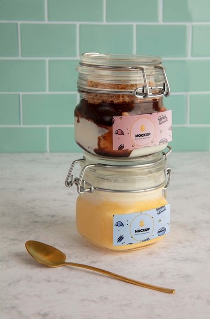 Jars with delicious dessert mockup