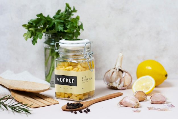 Jars with kitchen tool and ingredients