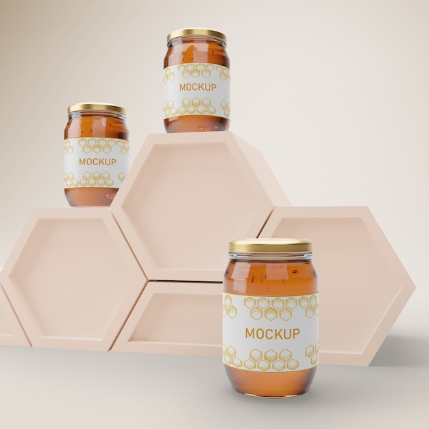 PSD jars with organic honey on table