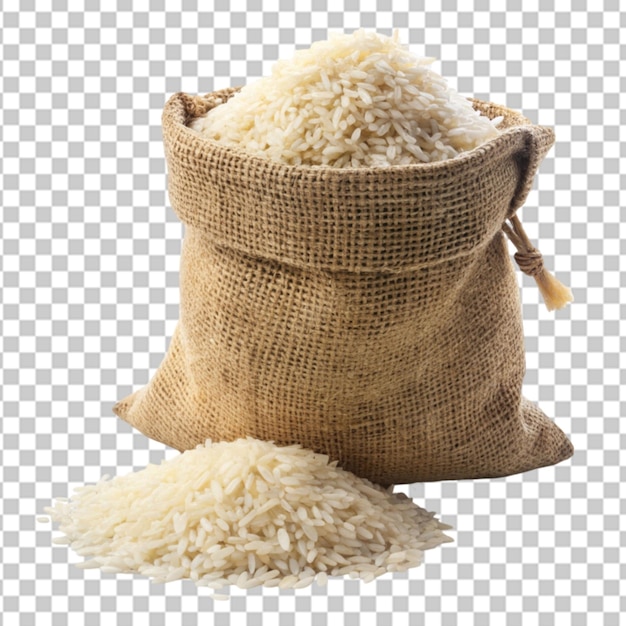 jasmine rice in burlapsack bag with paddy rice on transparent background