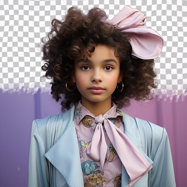 PSD a jealous toddle girl with kinky hair from the southeast asian ethnicity dressed in editor attire poses in a one shoulder forward style against a pastel periwinkle background