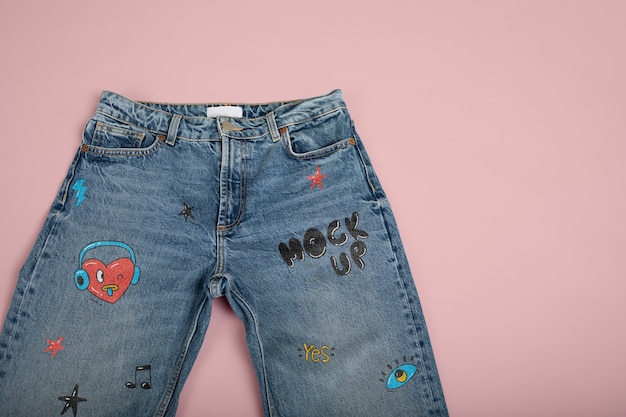 Jeans with embroidery mockup