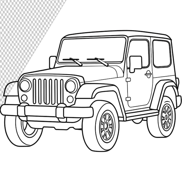 PSD jeep car line art for coloring book on transparent background