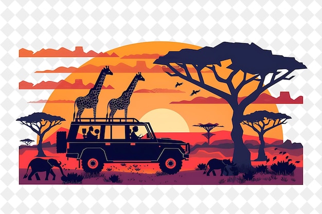 PSD a jeep with giraffes on the top and a car with giraffe on the top