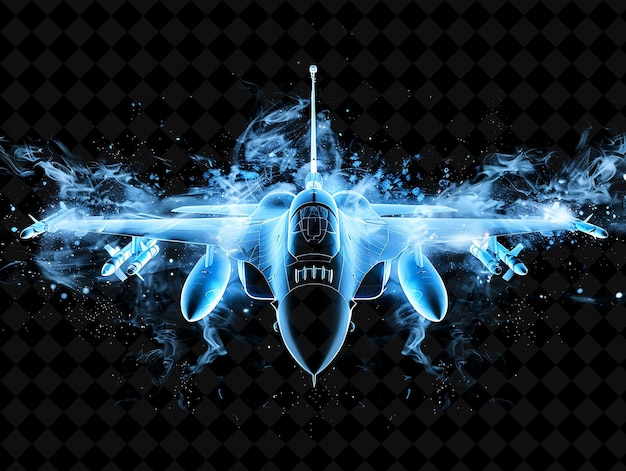 PSD jet explosion with airplane flames and smoke cool blue and w png neon effect on dark background