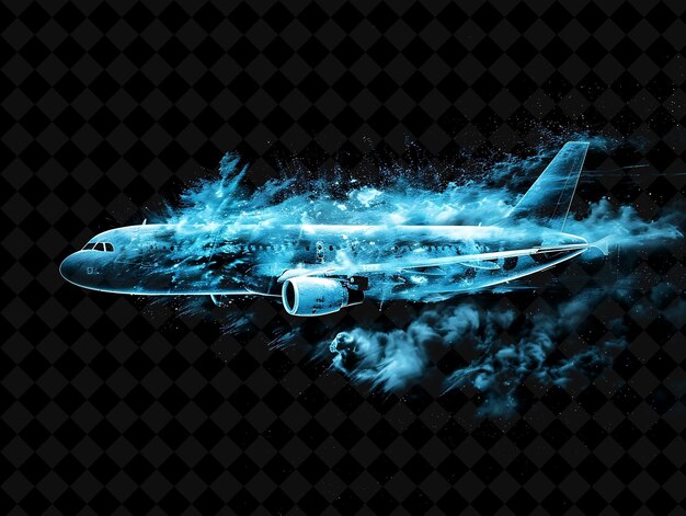 PSD jet explosion with airplane flames and smoke cool blue and w png neon effect on dark background