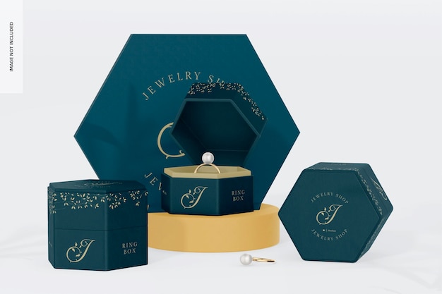 PSD jewelry display mockup, with ring boxes