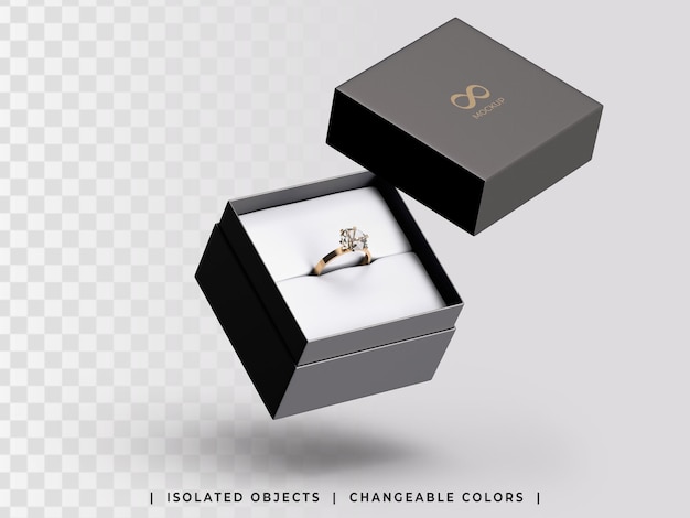 Jewelry gift box mockup with golden ring floating isolated