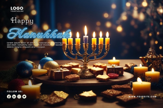 Jewish holiday Hanukkah greeting card with menorah on wooden background happy hanukkah poster design