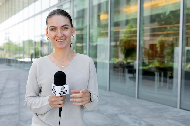 Journalist holding a microphone mockup