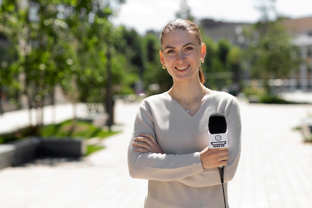 Journalist holding a microphone mockup