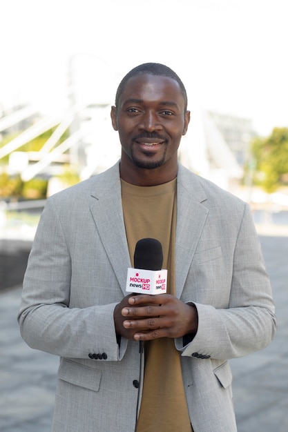 Journalist holding a microphone mockup