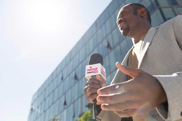 Journalist holding a microphone mockup