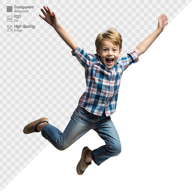 Joyful boy jumping in the air with a big smile