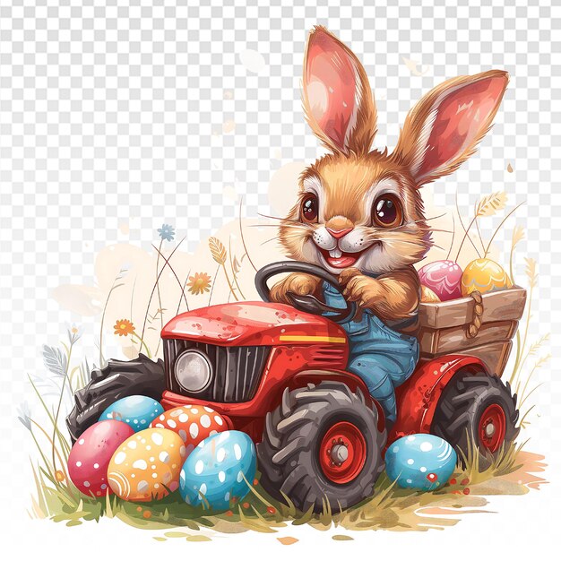 PSD joyful easter rabbit driving colorful eggfilled tractor