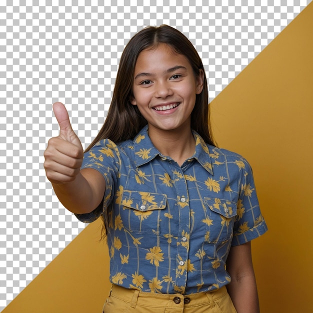 Joyful girl thumbs up floral shirt with transparent background