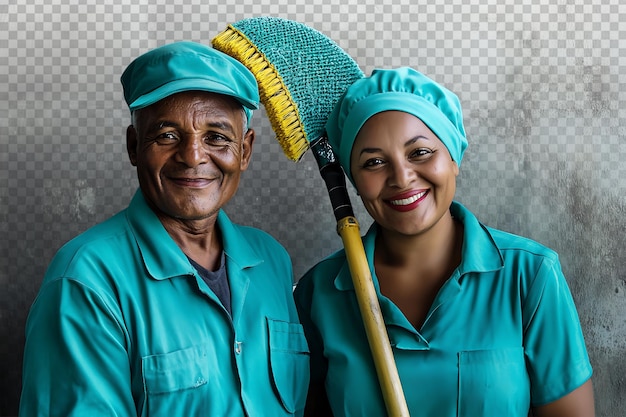 Joyful Janitors in Turquoise Uniforms with Mops