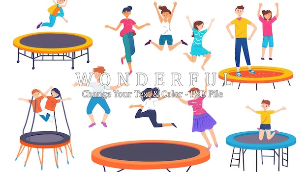 PSD joyful jumping people on trampolines