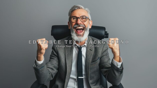 A joyful man in a suit sitting in an office chair celebrating success