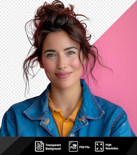 joyful repair technician in a client apartment wearing a blue jacket and yellow shirt with brown hair and blue and brown eyes smiles for the camera against a pink wall png