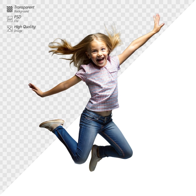 Joyful young girl jumping with excitement on a clear background