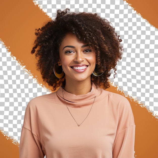 A Jubilant Young Adult Woman with Kinky Hair from the African ethnicity dressed in Kindergarten Teacher attire poses in a Looking Over the Shoulder style against a Pastel Coral background