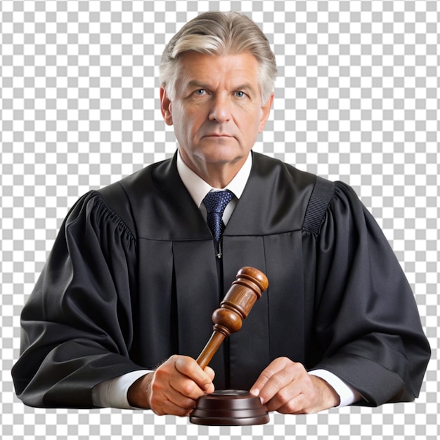 PSD a judge in a judges court is holding a judges gavel isolaed on whitee background