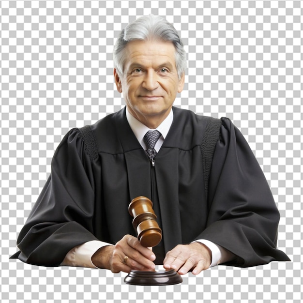 A judge in a judges court is holding a judges gavel isolaed on whitee background