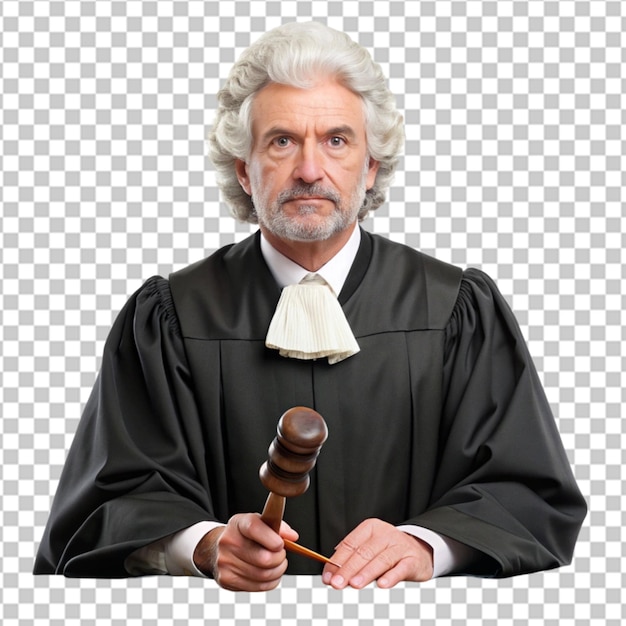 PSD a judge in a judges court is holding a judges gavel isolaed on whitee background