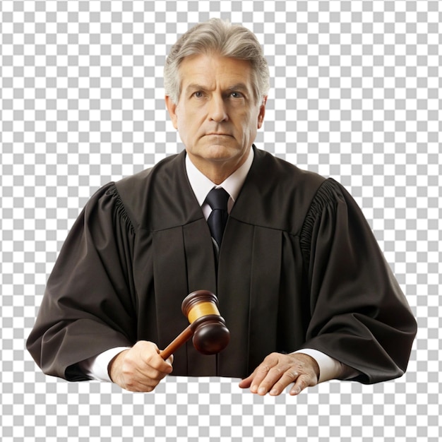 PSD a judge in a judges court is holding a judges gavel isolaed on whitee background