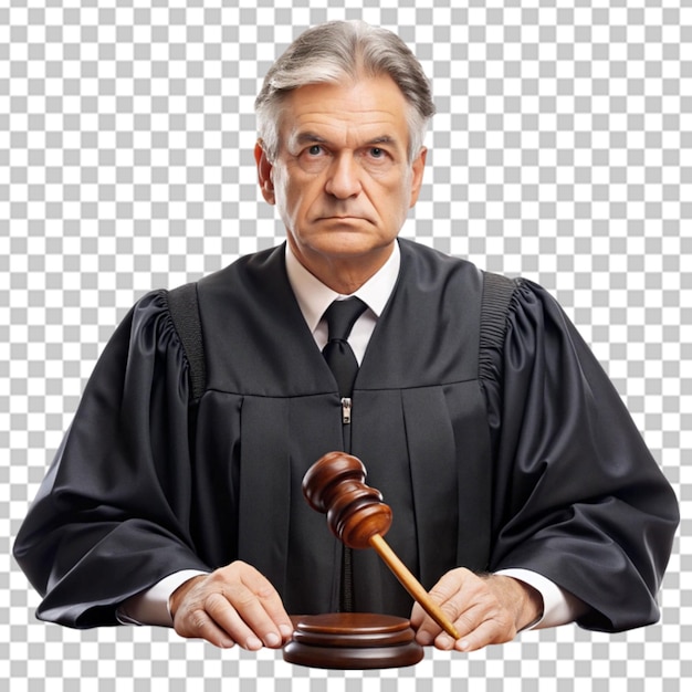 PSD a judge in a judges court is holding a judges gavel isolaed on whitee background