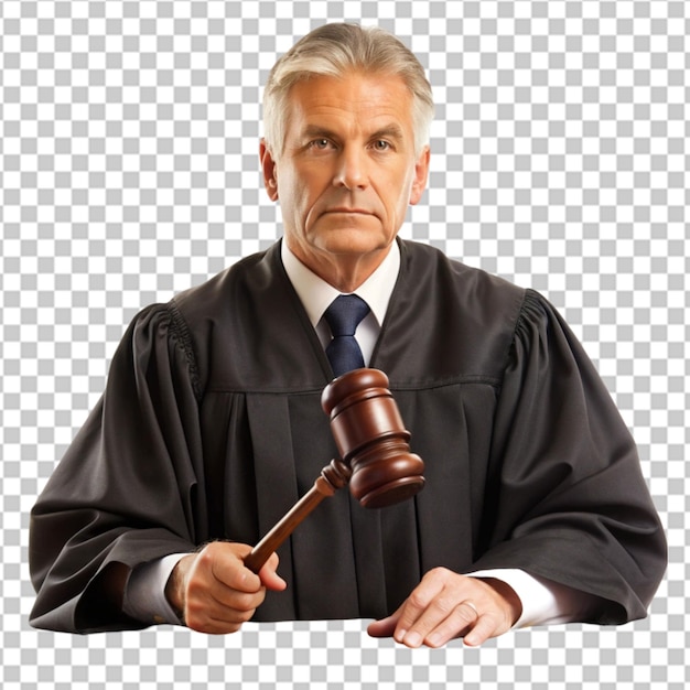 PSD a judge in a judges court is holding a judges gavel isolaed on whitee background