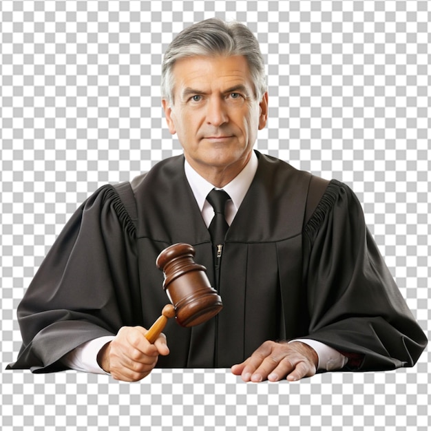 A judge in a judges court is holding a judges gavel isolaed on whitee background