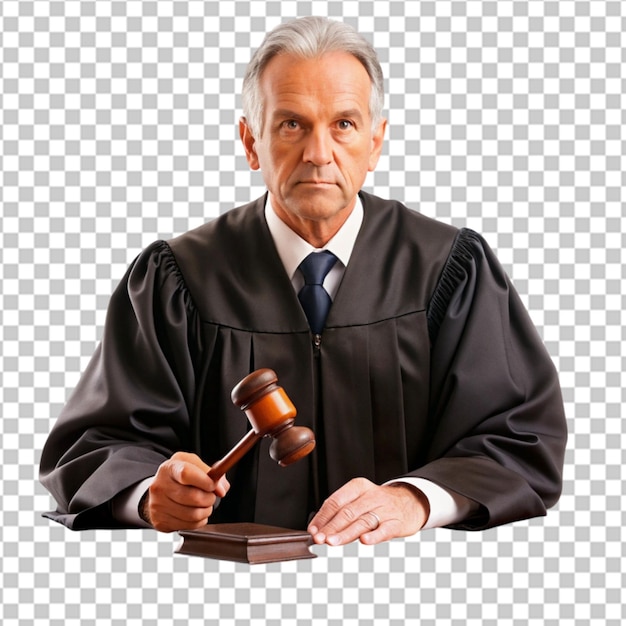 PSD a judge in a judges court is holding a judges gavel isolaed on whitee background