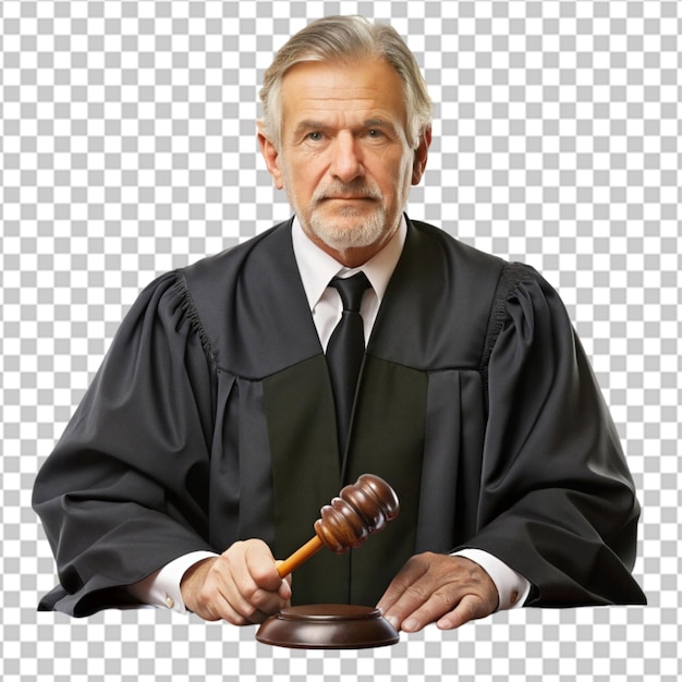 PSD a judge in a judges court is holding a judges gavel isolaed on whitee background