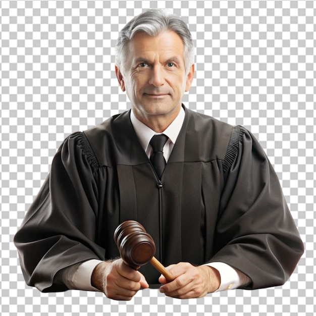 PSD a judge in a judges court is holding a judges gavel isolaed on whitee background