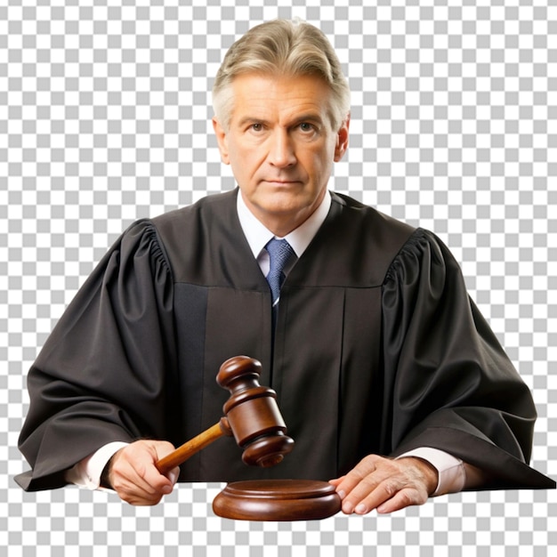 PSD a judge in a judges court is holding a judges gavel isolaed on whitee background