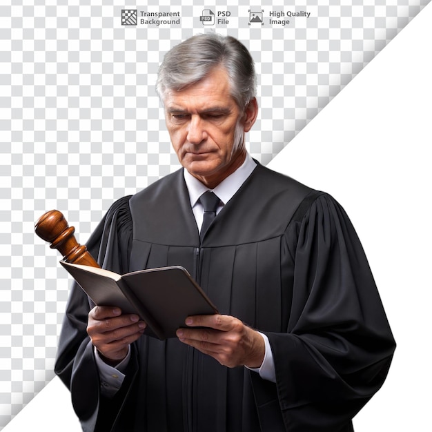 Judge reading a legal book studying case details