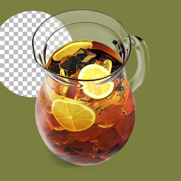 Jug full of iced tea or lemonade with lemons isolated