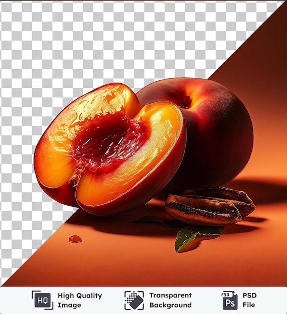 juicy grilled peaches and a red apple on a table with a dark shadow in the background