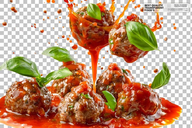 PSD juicy spicy meatballs soaring in zesty marinara splash on transparent background