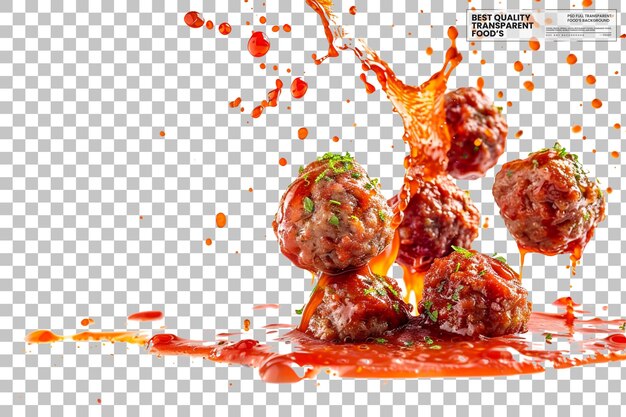 PSD juicy spicy meatballs soaring in zesty marinara splash on transparent background