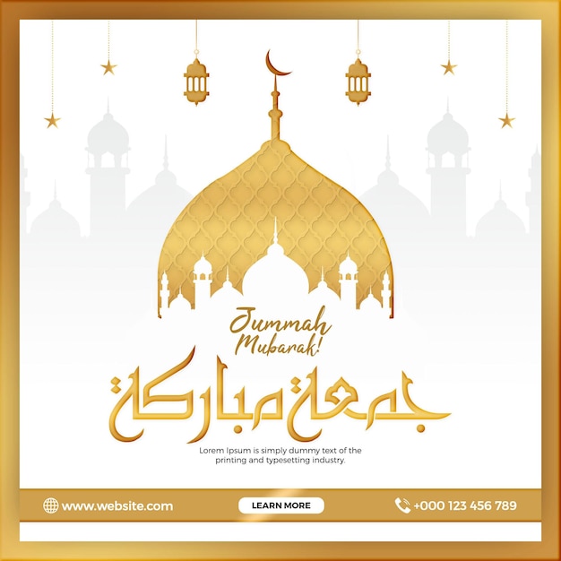 Jummah mubarak arabic calligraphy social media post template with golden islamic mosque