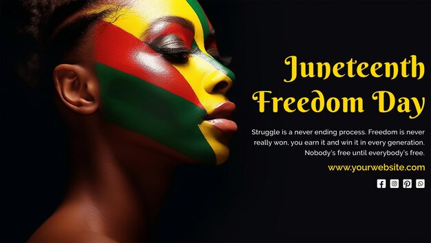 PSD juneteenth freedom day concept african girl front profile with coloring her face on black background