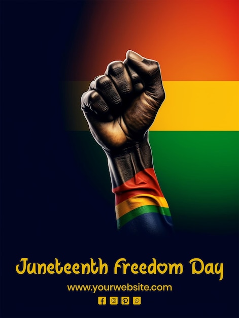 PSD juneteenth freedom day concept fist up scene with african american flag on black background