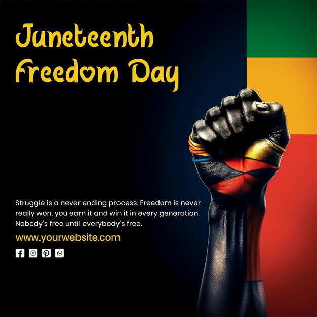 PSD juneteenth freedom day concept fist up scene with african american flag on black background