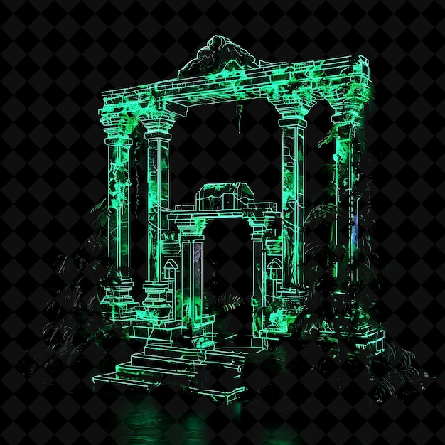 PSD jungle temple gate with ancient ruins and exotic animals mad png y2k shape neon color collection