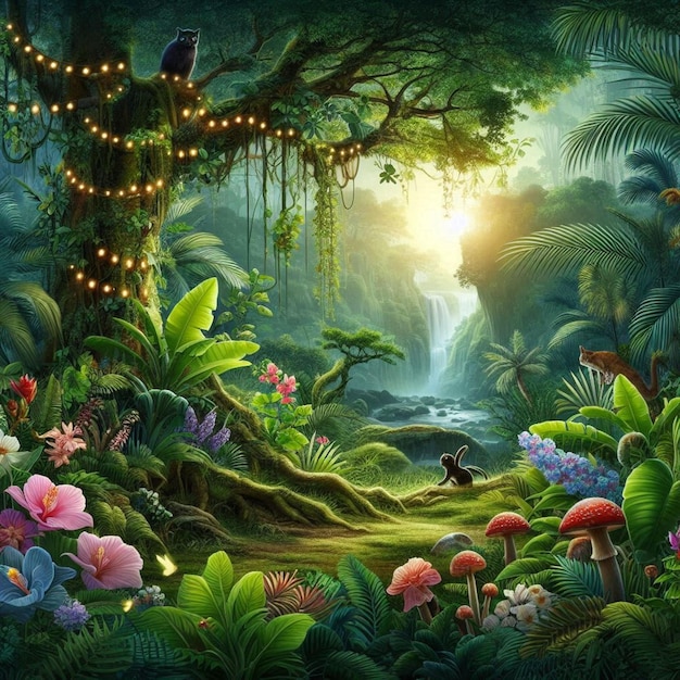 a jungle with a waterfall and a bird on the top