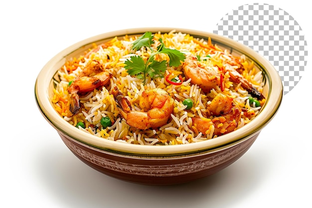 Kachchi Biriyani with chicken prawn and Dhaka spices on transparent background